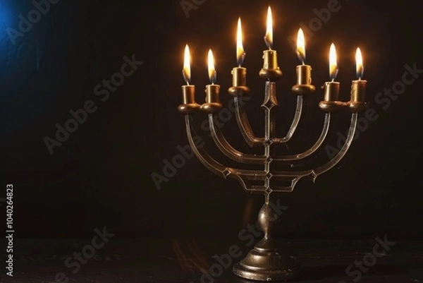 Fototapeta A candelab with five lit candles on a table, perfect for indoor scenes or special occasions