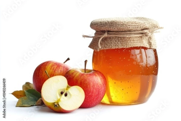Fototapeta A jar of honey placed next to two apples on a table or counter