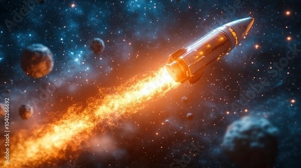Obraz A rocket launching through space with flames and asteroids in view