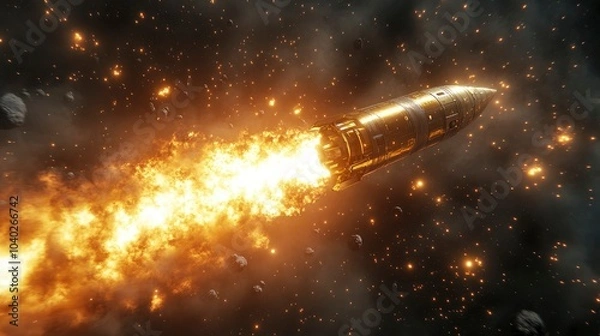 Obraz Rocket launching into space with fiery propulsion and asteroids in the background