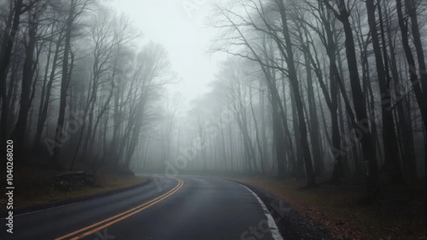 Obraz Misty road winding through dense forest with bare trees, creating mysterious and serene atmosphere. fog envelops landscape, enhancing sense of solitude and tranquility