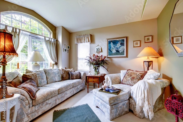 Fototapeta Living room with large rounded window, carpet, and large floral