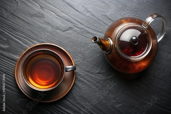 Fototapeta Aerial view of a cup of black tea with teapot in background