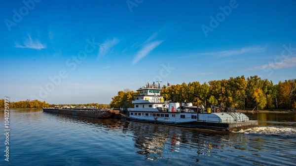 Obraz Barge Traveling Up the Mississippi River at Red Wing, Minnesota