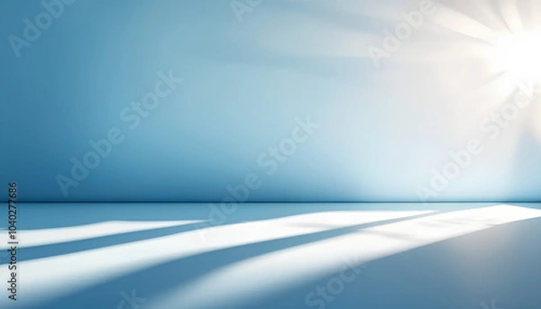 Obraz Panoramic abstract blue background for product presentation with sunlight and blurred shadows wall. Winter background.