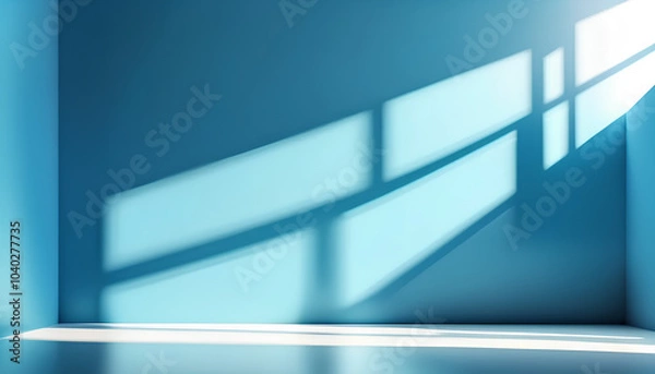 Obraz Panoramic abstract blue background for product presentation with sunlight and blurred shadows wall. Winter background.