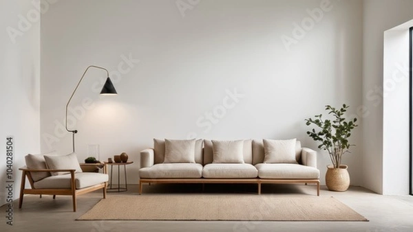Fototapeta Elegant living room with beige sectional sofa, cream pillows, floor lamp, woven rug, and potted plant on light wood floor, bright minimalist decor.