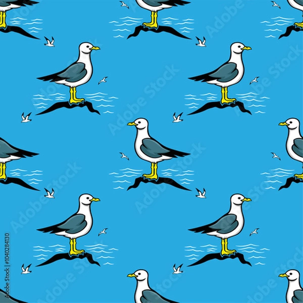 Fototapeta Seamless pattern with seagulls on a blue background.