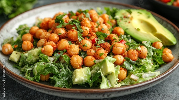 Fototapeta kale salad topped with crispy fried chickpeas and colorful vegetables symbolizes health, vitality, and balance. The dish blends textures and flavors, representing harmony in mindful eating