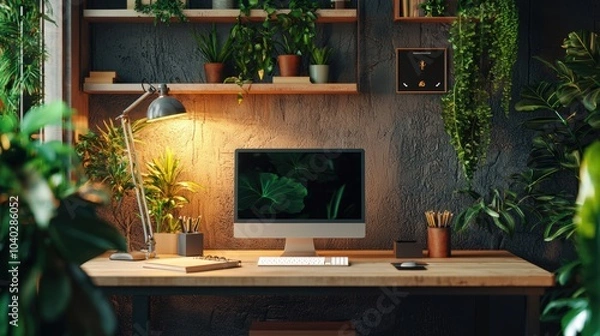 Fototapeta A computer desk with a monitor, keyboard, mouse, and a lamp