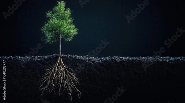 Fototapeta Detailed blueprint of a coniferous tree sapling s early root system, young growth, biological precision
