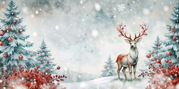 Obraz Reindeer in Snowy Forest with Red Ornaments and Copy Space