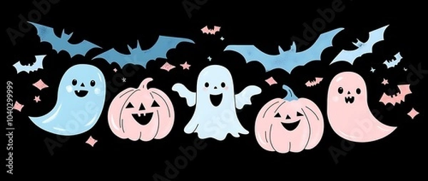 Obraz Black Background with Cute Pink and Blue Cartoon Ghosts, Pumpkins, and Bats – Hand-Drawn Watercolor Style Vector Banner, High Resolution