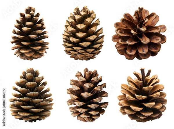 Fototapeta Set of Pine Cones isolated on transparent background, cut out, PNG 3D Digital Art, clip art.