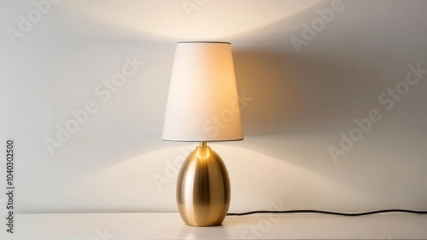 Fototapeta A modern, minimalist lamp illuminates a table with stacked books and a ceramic vase, casting warm light against a neutral wall, creating a cozy ambiance.