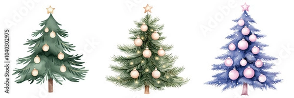 Fototapeta A festive display featuring Christmas trees in varying styles, adorned with ornaments and illuminated, watercolor, clipart, isolated on transparent background