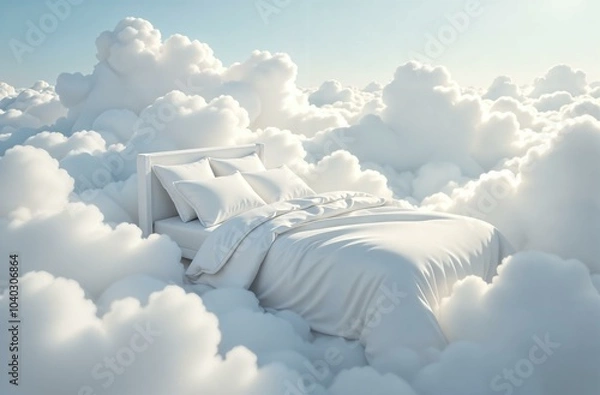 Obraz Bed with white bedding linens in white clouds as a concept for a serene and comfortable sleep