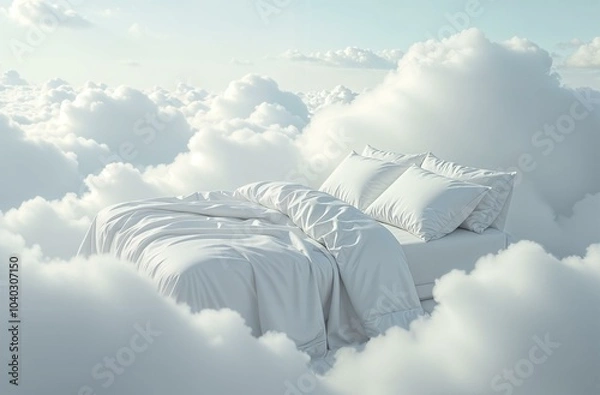 Obraz Bed with white bedding linens in white clouds as a concept for a serene and comfortable sleep