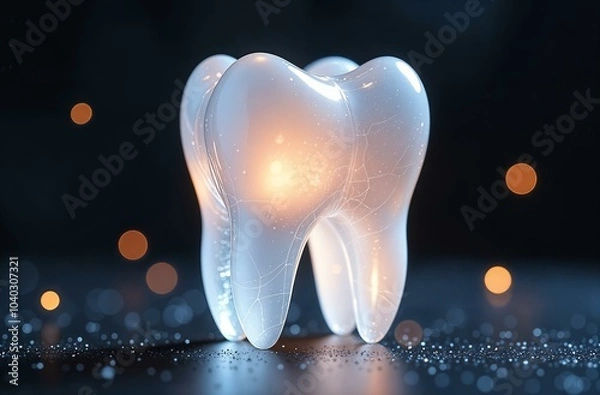 Obraz A glowing crystal-like tooth illuminated with warm light and surrounded by a futuristic, abstract digital background. The image symbolizes innovation in dentistry, advanced dental care, and the integr