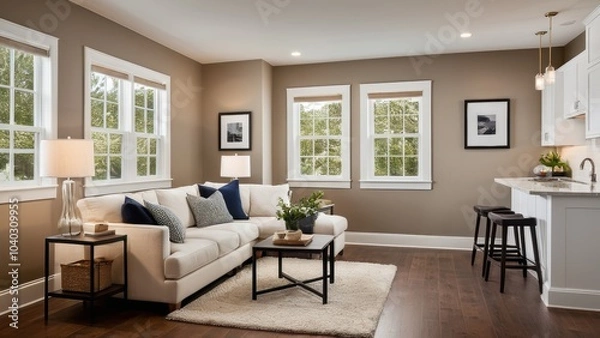 Obraz A modern living room with neutral tones features large windows, cozy sofas with pillows, a coffee table, indoor plants, stylish artwork, and wooden flooring.