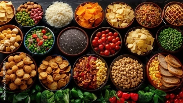 Fototapeta Assorted snacks and vegetables arranged in bowls showcasing a diverse selection of savory ingredients and healthy options

