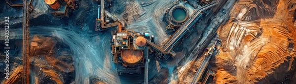 Fototapeta Aerial view of ore processing plant showcasing intricate machinery and mineral extraction processes. landscape features vibrant colors and textures, highlighting industrial activity