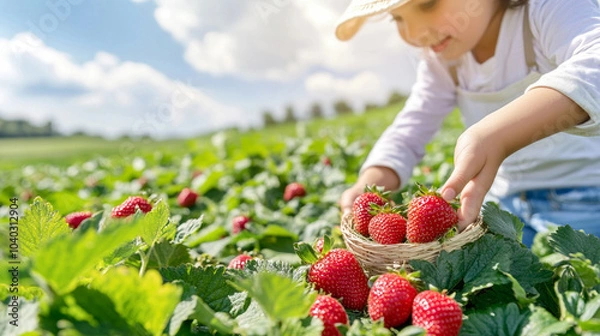 Obraz 
Beautiful woman picking strawberries in field