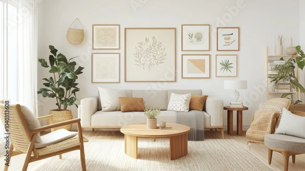 Fototapeta A cozy living room featuring light colored sofa adorned with decorative pillows, surrounded by framed botanical art on walls. space is enhanced by indoor plants and natural textures, creating serene a