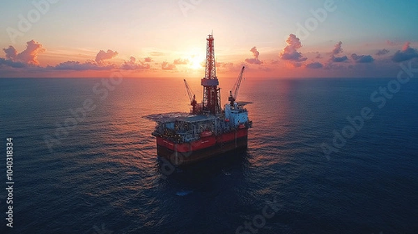 Fototapeta offshore oil rig stands tall in the middle of the ocean, framed by a stunning sky. The rig symbolizes energy extraction, industrial power, and human resilience against nature's vast expanse