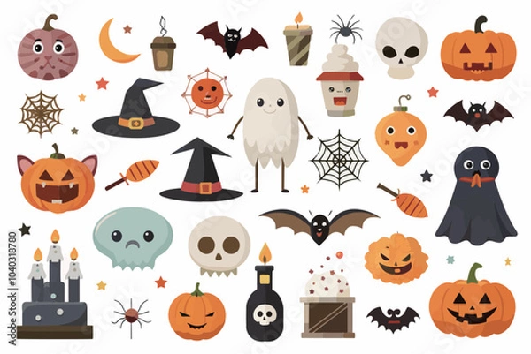 Obraz cute Halloween element Icons collection with pumpkins and ghosts