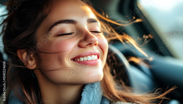 Fototapeta jovem mulher viajando de carro sorridente, expressando felicidade e paz