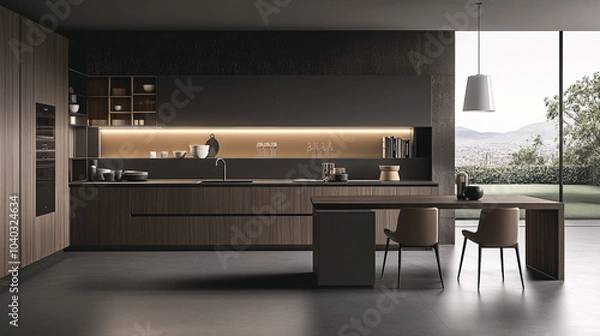 Fototapeta Minimalist open-plan kitchen and dining area with sleek cabinetry, simple dining chairs, and a wooden table