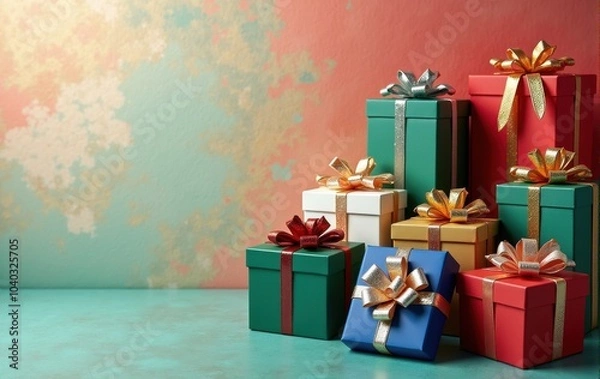 Fototapeta Holiday season gift wrapping with vibrant ribbons.