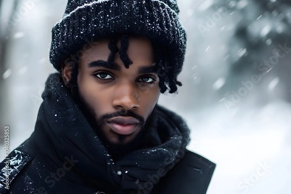 Fototapeta portrait of a black man with beard outdoors on the snow in the cold peaceful winter