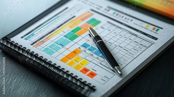 Fototapeta Risk management matrix chart with pen and organizer book. management risk. Ultra realistic. Photorealistic
