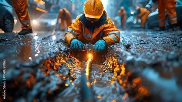 Fototapeta A lone worker in a yellow suit repairs a damaged pipe in a muddy street.