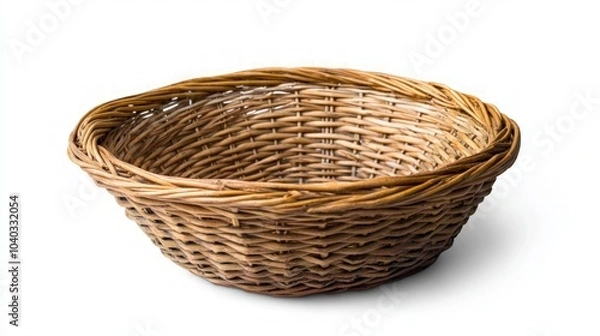 Obraz Wicker Basket on White Background, a finely crafted wicker basket showcasing intricate weaving, isolated against a clean white backdrop for versatile use in design projects.