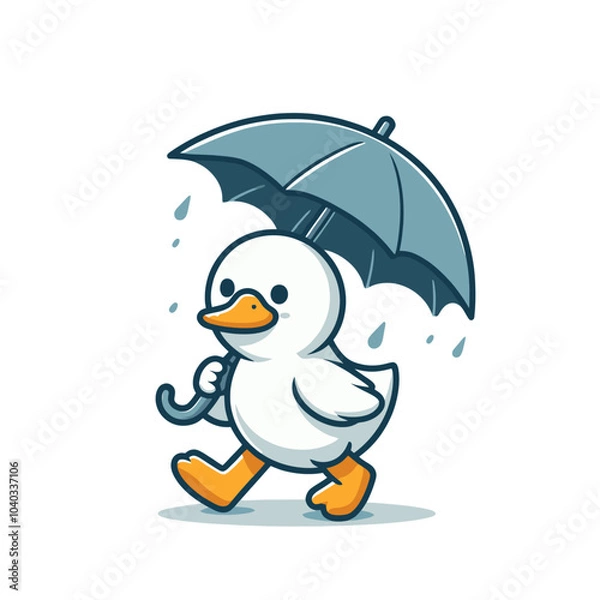Fototapeta cute goose or duck  character in walking in rainy weather with umbrella