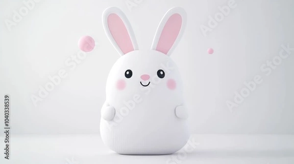 Fototapeta A cheerful white cartoon bunny with pink ears and cheeks on a white background.