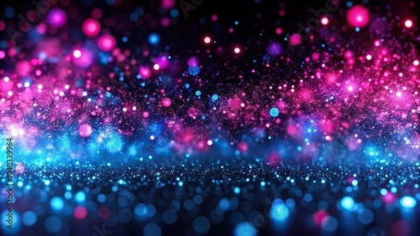 Fototapeta Aerial view of pink and blue neon sparkles on black background
