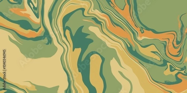 Obraz Swirly abstract liquid background. Full frame textures abstract muted green orange glowing wave background. Fluid liquid backdrop copy space. Swirling distorted artistic display of fluid motion effect