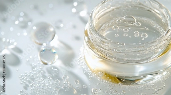 Fototapeta Luxurious skincare concept: close-up of transparent gel cosmetic product in glass jar with bubbles, droplets, and soft focus background, evoking purity and hydration.