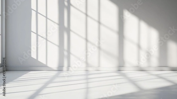 Fototapeta Sunlight casts geometric shadows through large windows onto a pristine white floor, creating a mesmerizing interplay of light and shadow in a minimalist interior space.