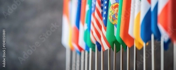 Fototapeta Colorful flags of various nations arranged in a row.