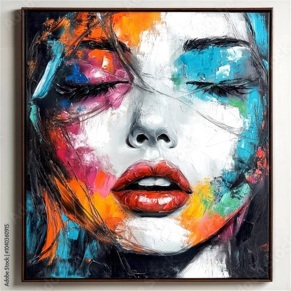 Fototapeta A vibrant portrait of a woman with closed eyes and colorful facial features. This abstract art piece showcases bold colors and expressive brush strokes. Perfect for modern decor. AI