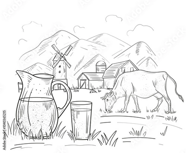 Obraz Rural landscape with cow and milk. Hand drawn village sketch with agriculture and domestic animals, pasture and house. Dairy products, harvest and countryside concept. Linear flat vector illustration
