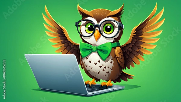 Fototapeta A friendly owl in glasses surfs the web on his laptop on a green background
