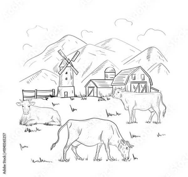 Obraz Rural landscape with cow and milk. Hand drawn village sketch with agriculture and domestic animals, pasture and house. Dairy products, harvest and countryside concept. Linear flat vector illustration