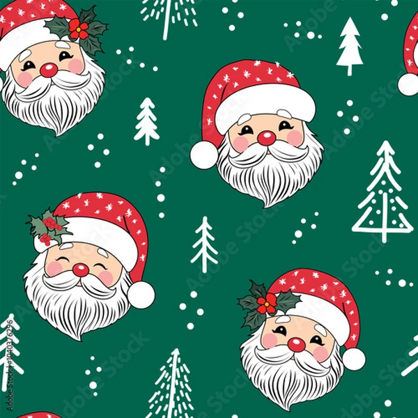 Fototapeta Santa Claus with snow and white ground, polka dot, vintage style pattern. Cute seamless Christmas holidays cartoon character background. Separate elements.