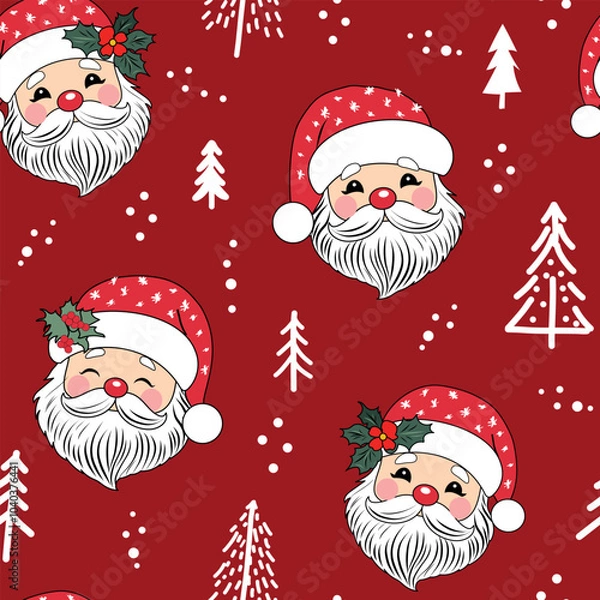 Fototapeta Santa Claus with snow and white ground, polka dot, vintage style pattern. Cute seamless Christmas holidays cartoon character background. Separate elements.
